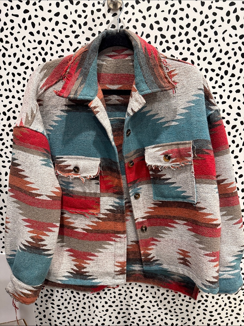 Women's Multicolor Aztec-Print Shacket - Teal & Red Western Bohemian Fall S